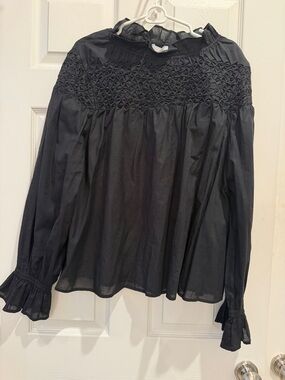 Women's Black Smocked Yoke Long-Sleeve Blouse